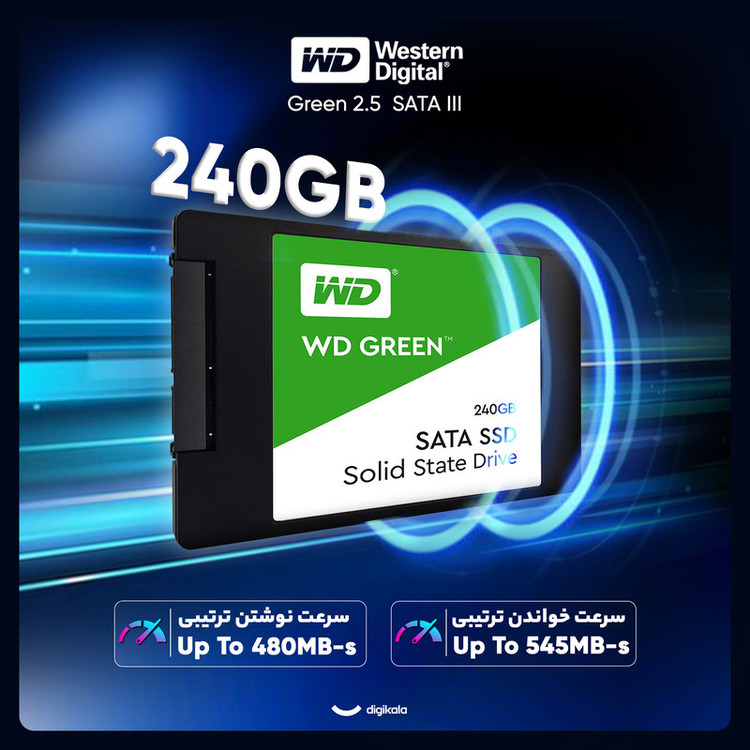 اس اس دی اینترنال SATA III وسترن دیجیتال مدل Green ظرفیت 240 گیگابایت استوک کارکرد 30 ساعت